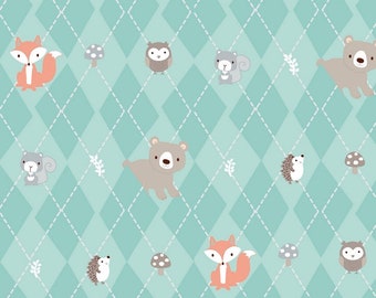 Little Forest by 3 Wishes Fabric white forest animals turquoise