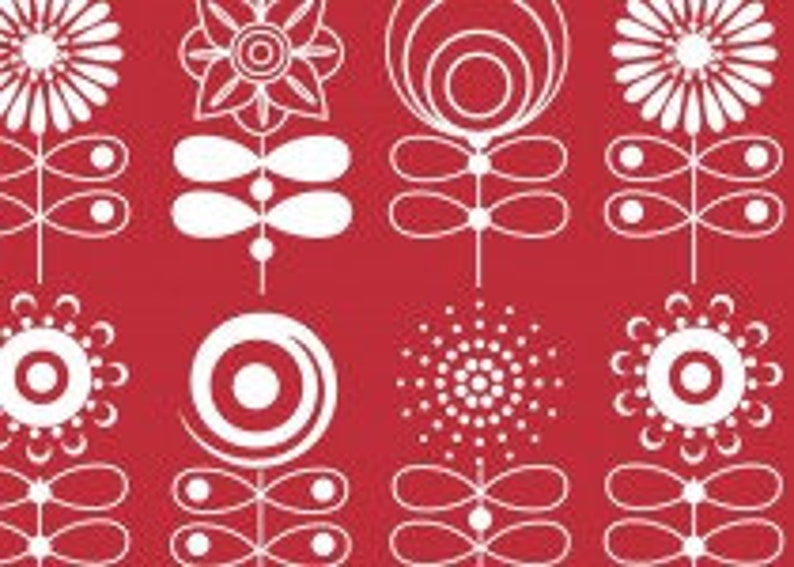 May include: Red background with a repeating pattern of white stylized floral designs. The flowers are various shapes, including circles, spirals, and more geometric forms.  The style is mid-century modern, reminiscent of Scandinavian design.  The pattern is clean and simple, with a strong graphic quality. The overall aesthetic is cheerful and festive, suitable for home decor or textiles.
