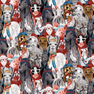 Könnte beinhalten: Ein farbenfrohes und skurriles Muster mit verschiedenen Tieren, die Hüte, Sonnenbrillen und Schals tragen. Zu den Tieren gehören Pferde, Lamas, Schweine, Ziegen, Hühner und Hunde. Das Muster ist perfekt für Stoff, Tapete oder andere kreative Projekte.