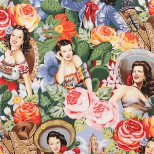 May include: A colourful fabric with a repeating pattern of women in traditional Mexican clothing, flowers, and cacti. The women are wearing colourful dresses and have flowers in their hair. The fabric is perfect for crafting projects, quilting, and home decor.