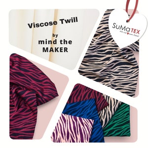 Peut inclure: Tissu en twill de viscose de la marque mind the MAKER, imprimé zèbre. Le tissu est présenté en cinq couleurs différentes : noir et blanc, bordeaux, bleu, violet et vert.