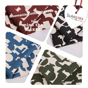Könnte beinhalten: Vier Stoffmuster mit geometrischem Muster in verschiedenen Farben: Rot, Blau, Schwarz und Grün. Der Stoff ist mit "Geomania Cotton Canvas by mind the MAKER" beschriftet.