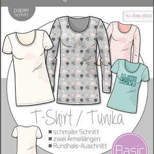 Könnte beinhalten: Ein Schnittmuster für ein T-Shirt oder eine Tunika mit Rundhalsausschnitt und zwei Ärmellängen. Das Schnittmuster beinhaltet Anleitungen für einen schmalen Schnitt und ist mit "Basic" gekennzeichnet.
