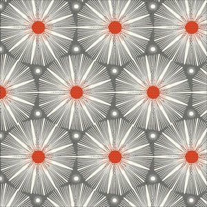 Könnte beinhalten: Ein sich wiederholendes Muster aus weißen, stilisierten Blumen mit roten Zentren auf grauem Hintergrund.