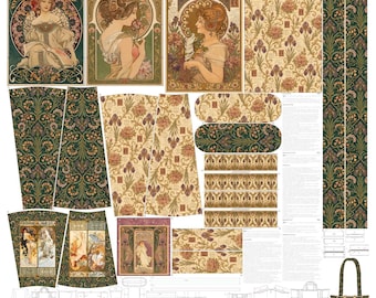 Bag sewing pattern on fabric for sewing enthusiasts, panel Art Nouveau