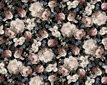 Pode incluir: Um padrão sem costura com uma variedade de flores rosa, brancas e vermelhas sobre um fundo preto. As flores incluem rosas, peônias e tulipas.