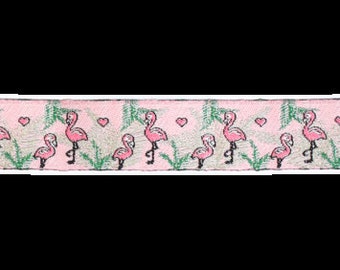 Cinta jacquard con flamencos de 20 mm, color rosa.