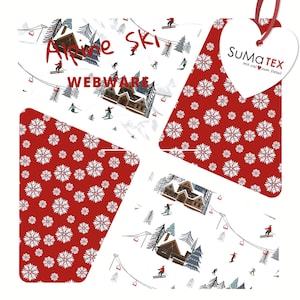 Peut inclure: Tissu rouge et blanc avec un motif de flocons de neige. Le tissu est coupé en forme de triangle. Le tissu est étiqueté "Alpine Ski Webware" et "SUMATEX Mit viel zum Detail!"