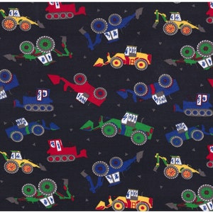 May include: A dark blue fabric with a repeating pattern of colorful construction vehicles. The vehicles are in various positions, including excavators, bulldozers, and dump trucks. The vehicles are all in different colors, including red, yellow, green, and blue.