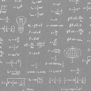 May include: A grey chalkboard background with white handwritten mathematical equations and formulas. A lightbulb and a globe are also drawn on the chalkboard.