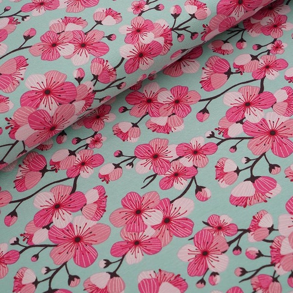 TISSU BIO Jersey Cherry Blossom Fabric Oncle vert