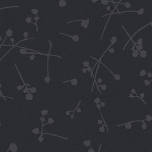 Puede incluir: Un patrón sin costuras de ramitas florales de color gris oscuro sobre un fondo negro. Las ramitas son estilizadas y presentan pequeños racimos de brotes.