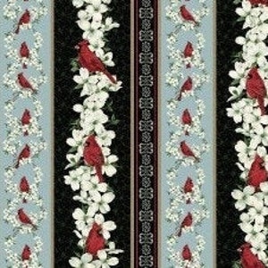 May include: A repeating pattern of vertical stripes featuring red cardinals perched on branches with white blossoms, alternating with black stripes and blue stripes with a decorative pattern.