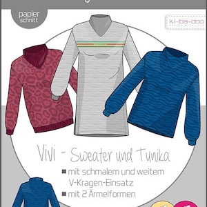 Könnte beinhalten: Ein Schnittmuster für einen Pullover und eine Tunika mit zwei verschiedenen Ärmelformen. Das Schnittmuster beinhaltet Anleitungen für einen schmalen und einen weiten V-Ausschnitt. Das Schnittmuster ist für Damen in den Größen 32-48.