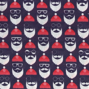 Può includere: Un motivo ripetuto di illustrazioni bianche e rosse su uno sfondo blu scuro. Ogni illustrazione presenta una barba, un baffo e occhiali bianchi, con un cappello rosso in cima.