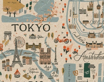 Cotton & Steel Canvas Linen BON VOYAGE Cities flax