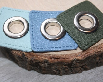 Eyelet patches for cords, imitation leather 10 mm, jeans, olive, ice blue, 32 x 32 mm