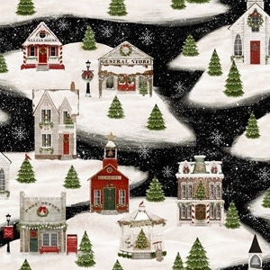 Könnte beinhalten: Eine Schwarzweißillustration einer Winterdorfszene mit schneebedeckten Häusern, Bäumen und einer Kirche. Die Häuser sind mit Weihnachtslichtern und Kränzen geschmückt. Die Szene spielt vor einem schwarzen Hintergrund mit weißen Schneeflocken.