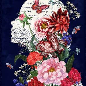 May include: A floral design featuring a woman's silhouette filled with colourful flowers and butterflies. The flowers include red, pink, and purple blooms, set against a dark blue background. The design has a vintage, artistic style.