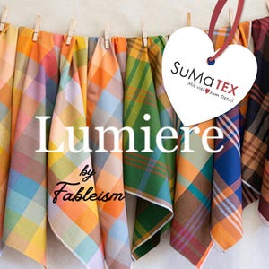 Op de afbeelding: Een verzameling kleurrijke geruite stoffen vierkanten, opgehangen met houten wasknijpers. De stoffen hebben verschillende kleuren, waaronder oranje, geel, groen en blauw. Het woord "Lumiere" staat in grote witte letters, met "by Fableism" eronder.