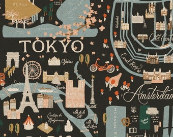 Cotton & Steel Canvas Linen BON VOYAGE Cities Black