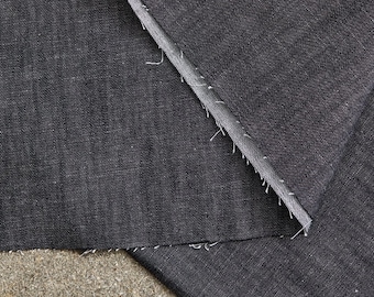 May include: Close-up of two pieces of dark gray denim fabric, showing the raw edge of the fabric.