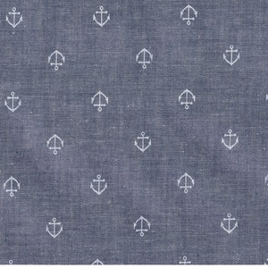 May include: A blue fabric with a white anchor pattern. The anchors are evenly spaced and repeated throughout the fabric.