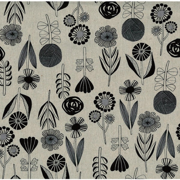 Tissu japonais moderne en coton KOKKA BLOOM par BOOKHOU gris / lin / noir