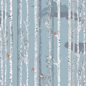 Art Gallery Cotton Earthen Birch with Snowy Owl blue