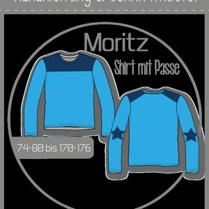 Könnte beinhalten: Ein Schnittmuster für ein langärmliges Shirt mit einem farblich abgesetzten Einsatz an den Schultern und einem Sternendetail an den Ärmeln. Das Schnittmuster ist für die Größen 74-80 cm bis 170-176 cm. Das Schnittmuster heißt "Moritz Shirt mit Passe".