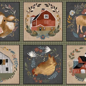 Könnte beinhalten: Ein Bauernhof-Stoffpanel mit sechs verschiedenen Szenen. Jede Szene ist von einem Kranz aus Blättern und Blumen umrahmt. Die Szenen zeigen eine Kuh, einen roten Stall, ein Schwein, einen grauen Stall, ein Huhn und einen roten Stall mit weißen Verzierungen.