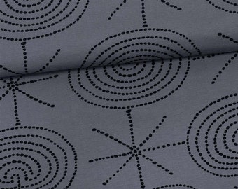 May include: Gray fabric with a repeating pattern of black circles and stars. The circles are made up of small black dots and the stars are made up of lines of small black dots.