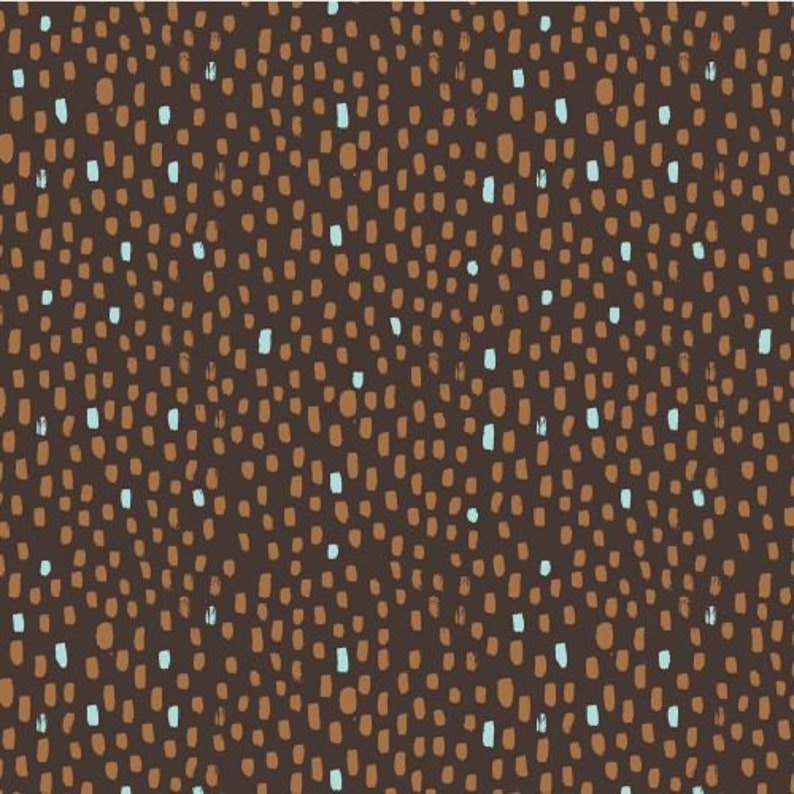 May include: A seamless pattern with a brown background and a repeating pattern of small brown and light blue dots.