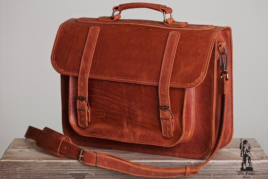 Old Vintage Brown Real Leather Messenger Satchel Shoulder Laptop Bag Briefcase