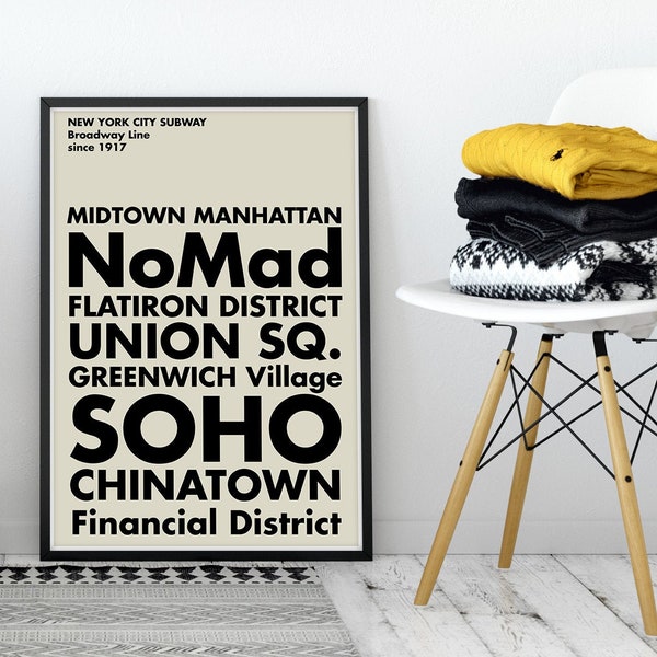 Subway Art Sign: New York City Broadway Line Stations,  Typography Word Art - Modern Minimalist Art Print, INSTANT Download, multiple sizes