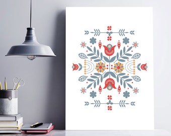 Scandi Folk, Retro Nordic Flower Pattern, Mid Century Modern - Scandinavian Design, Modern Minimalist Wall Art - Instant Digital Download