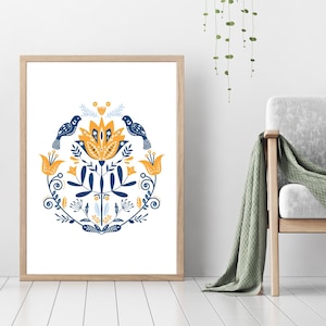 Scandinavian Folk Art, Nordic Hygge Pattern Flower & Birds Print - Scandinavian Decor, Modern Minimalist Wall Art - Instant Digital Download