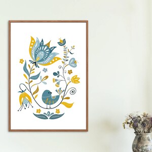 Cute Hand Drawn Scandinavian Folk Art, Retro Nordic Swedish Pattern Bird & Flowers - Scandinavian Design Print - Instant Digital Download