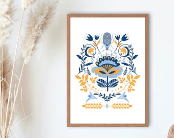 Scandinavian Folk Art, Print Retro Nordic Swedish Pattern - Scandinavian Design, Modern Bohemian Wall Art