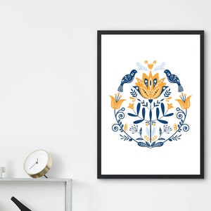 Scandinavian Folk Art, Nordic Hygge Pattern Flower & Birds Print - Scandinavian Decor, Modern Minimalist Wall Art