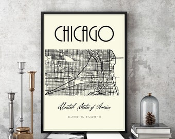 CHICAGO, US City Street Map Poster, Printable wall art, Map Travel Poster, Coordinates: various print sizes digital download