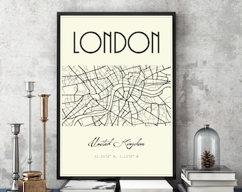 LONDON UK City street map poster, Black & white printable wall art, Paris Travel Poster, Coordinates various print sizes digital download