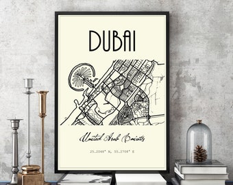 DUBAI, UAE City Street Map Poster, Printable wall art, Map Travel Poster, Coordinates: various print sizes digital download