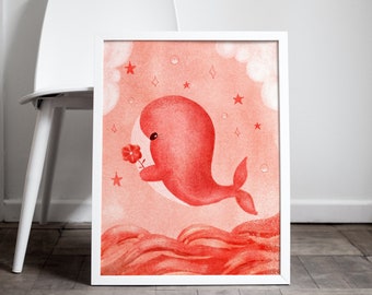 Cute Baby Whale Illustration Print / Nursery Wall Art Decor / Under the Sea / Baby Shower Gift