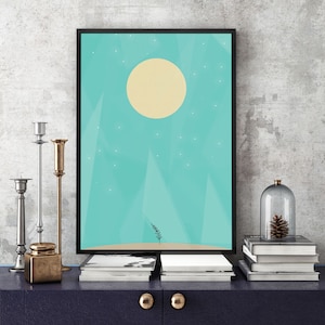 Moon Flower, Abstract Landscape Mid Century Modern Art, Retro Scandinavian Design, Modern Minimalist Wall Art, Geometric Print, Mint Blue