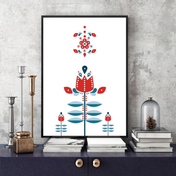 Retro Nordic Flower Folk Pattern Mid Century Modern Art Scandinavian Design Modern Minimalist Wall Art Nordic Style Instant Download