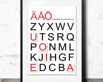 Scandinavian Typography - Swedish Alphabet Reversed Chart Print - 24 x 36" Minimalist Nordic Design Wall Art - Typography Poster Download