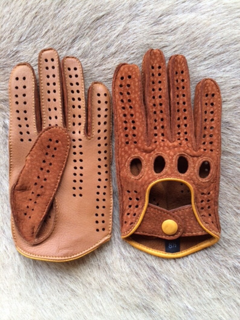 Men/'s Fingerless Driving Peccary Leather Gloves Black Cork Color By Hungant