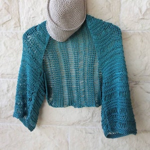 Loose knit bolero, Women knit silk shrug, short-bodied cardigan for ceremony, for wedding, handknit bolero, three-quarter sleeve, one size