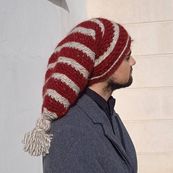 Cappello di lana unisex a righe, cappellino lungo con pompom, berretto elfo a strisce, cappelli per donne, cappellini di lana per bambini